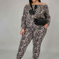 Fasheabe Off The Shoulder Cheetah Print Jogger Set
