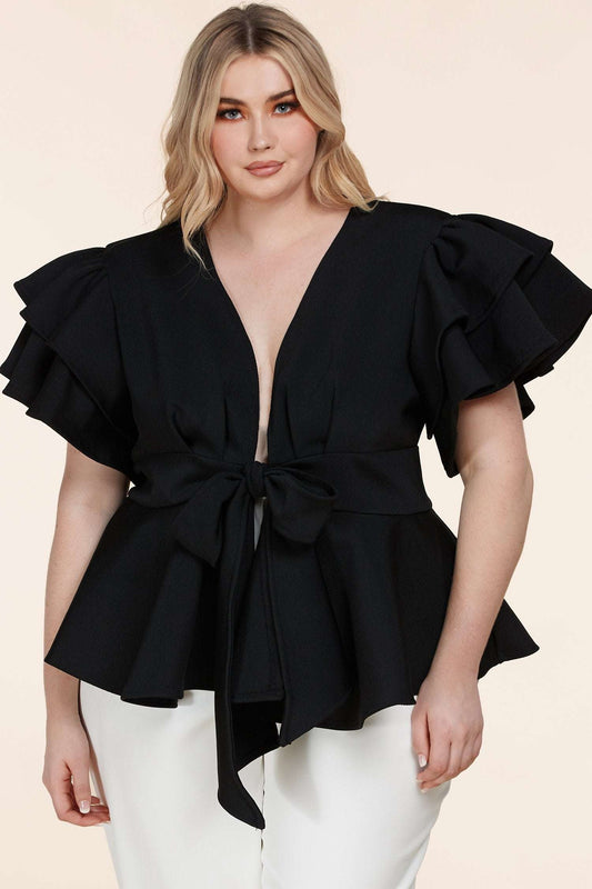 Fasheabe Plus Size Black Ruffle Plunging V-Neck Fit and Flare Top Fasheabe