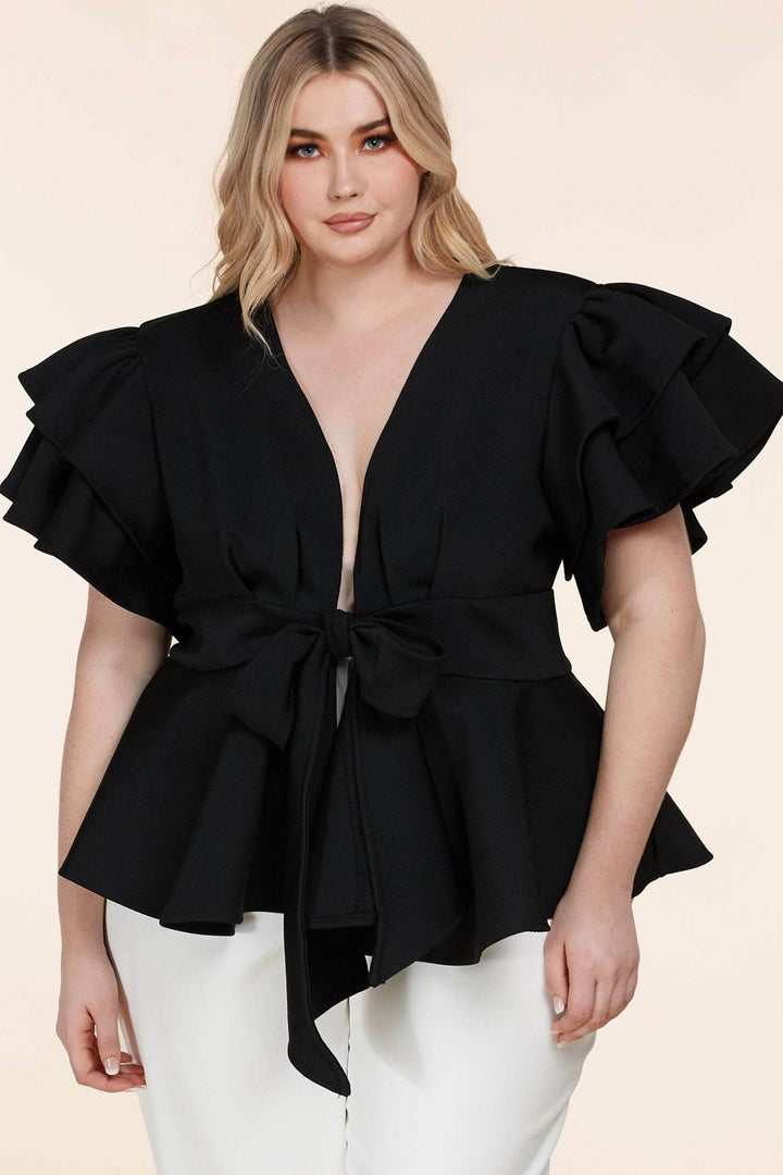Fasheabe Plus Size Black Ruffle Plunging V-Neck Fit and Flare Top - GiFTiFY
