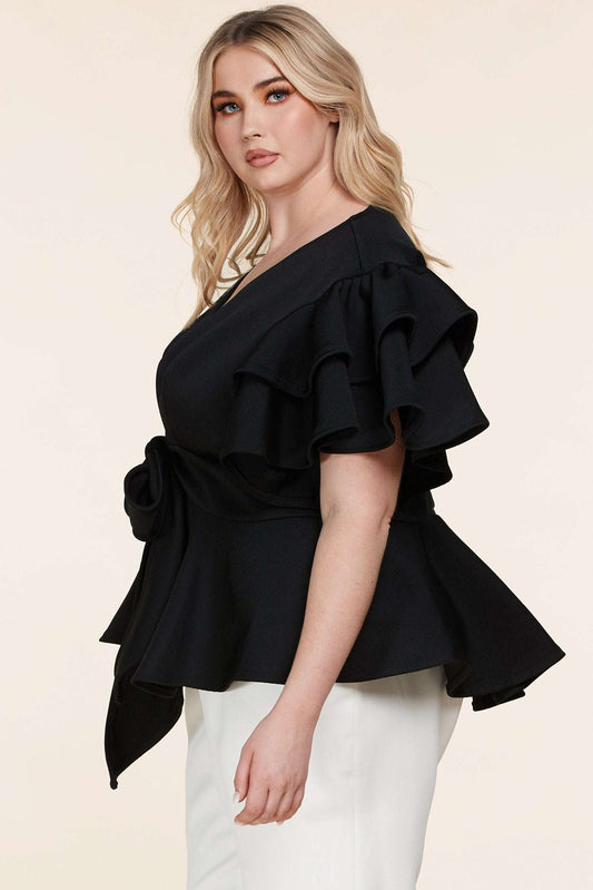Fasheabe Plus Size Black Ruffle Plunging V-Neck Fit and Flare Top Fasheabe