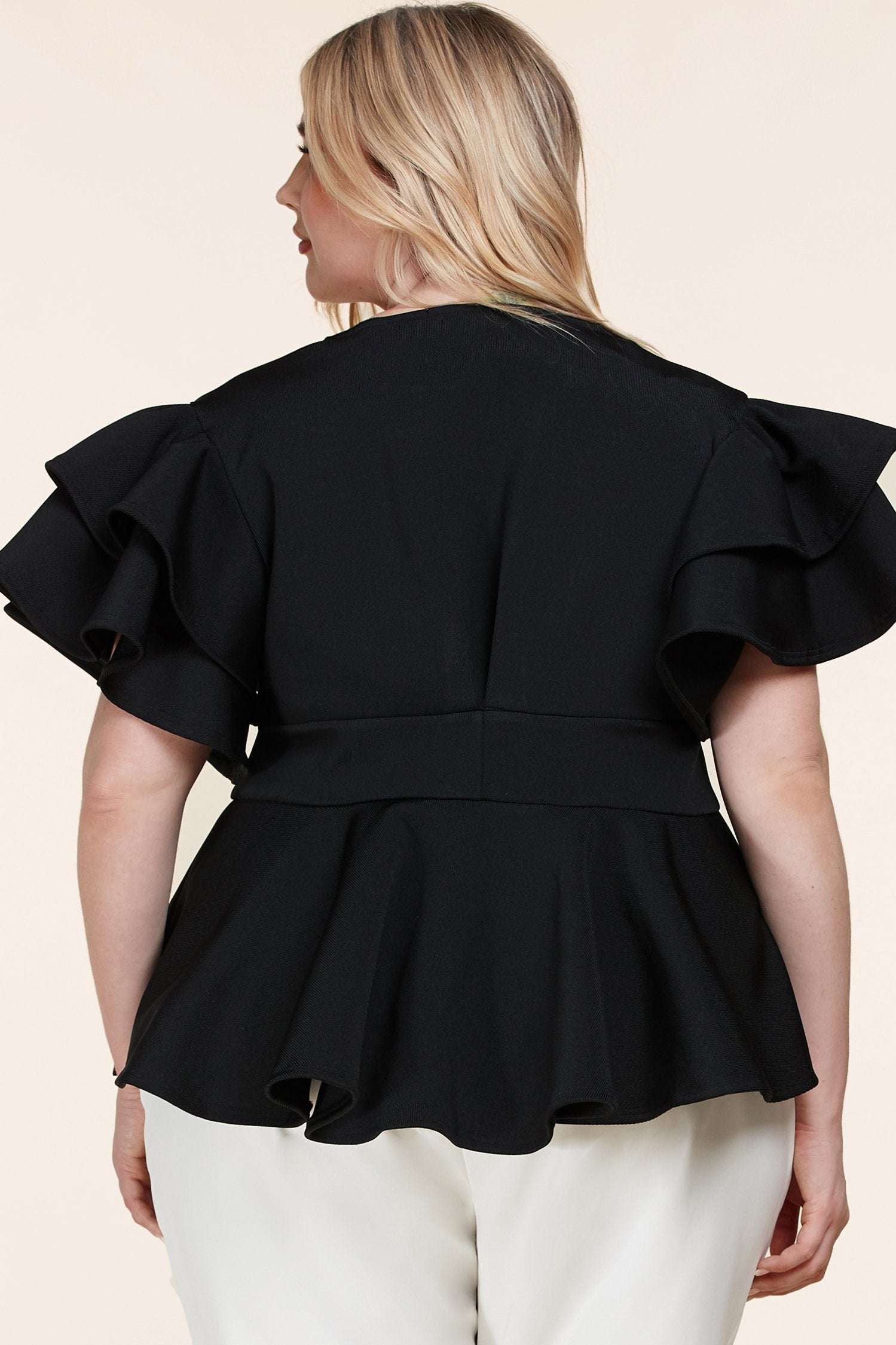 Fasheabe Plus Size Black Ruffle Plunging V-Neck Fit and Flare Top Fasheabe