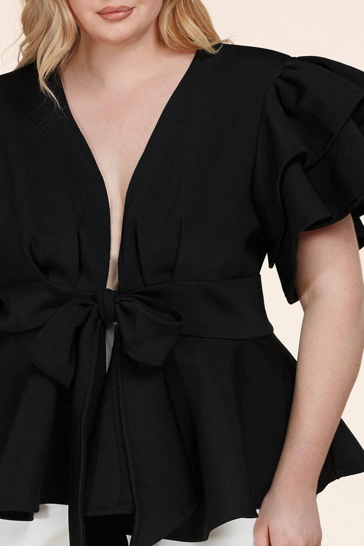 Fasheabe Plus Size Black Ruffle Plunging V-Neck Fit and Flare Top - GiFTiFY