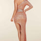 Fasheabe Rose Gold Sequin One Shoulder Maxi Dress