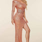 Fasheabe Rose Gold Sequin One Shoulder Maxi Dress