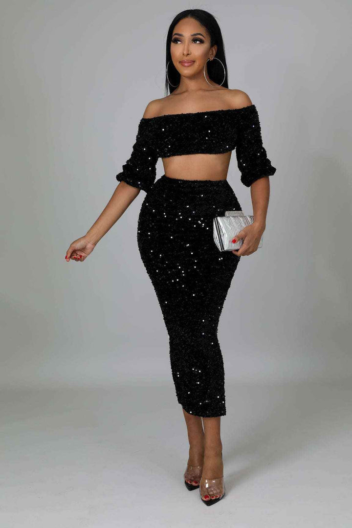 Fasheabe Sequin Matching Crop Top Midi High Waisted Skirt Set - Black - GiFTiFY