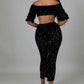Fasheabe Sequin Matching Crop Top Midi High Waisted Skirt Set - Black