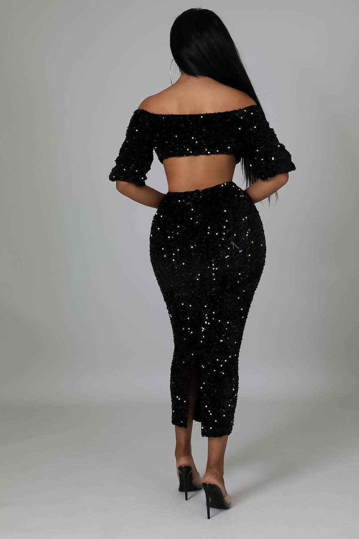 Fasheabe Sequin Matching Crop Top Midi High Waisted Skirt Set - Black - GiFTiFY