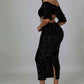Fasheabe Sequin Matching Crop Top Midi High Waisted Skirt Set - Black