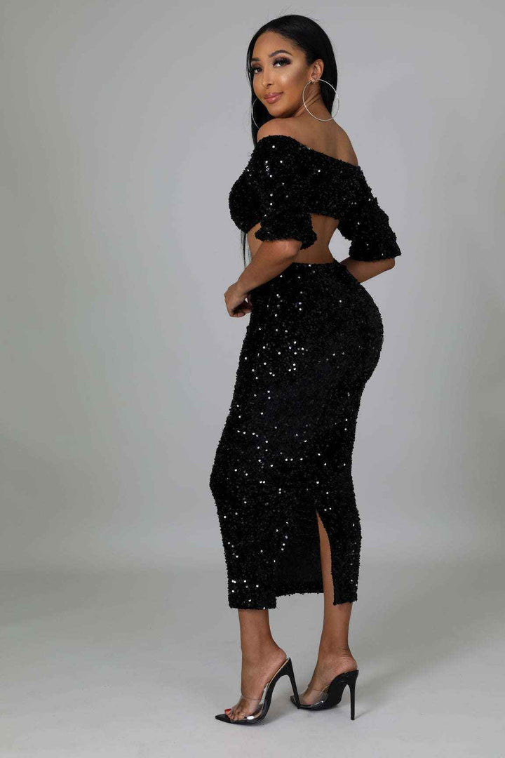 Fasheabe Sequin Matching Crop Top Midi High Waisted Skirt Set - Black - GiFTiFY