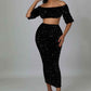 Fasheabe Sequin Matching Crop Top Midi High Waisted Skirt Set - Black
