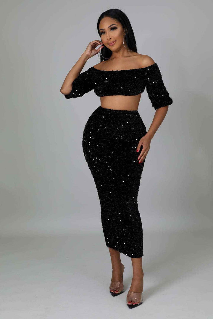 Fasheabe Sequin Matching Crop Top Midi High Waisted Skirt Set - Black - GiFTiFY