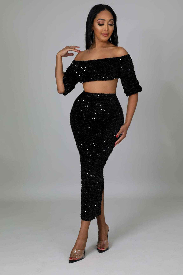 Fasheabe Sequin Matching Crop Top Midi High Waisted Skirt Set - Black - GiFTiFY