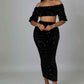 Fasheabe Sequin Matching Crop Top Midi High Waisted Skirt Set - Black