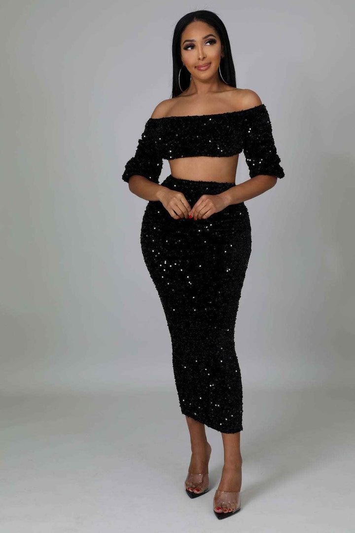 Fasheabe Sequin Matching Crop Top Midi High Waisted Skirt Set - Black - GiFTiFY