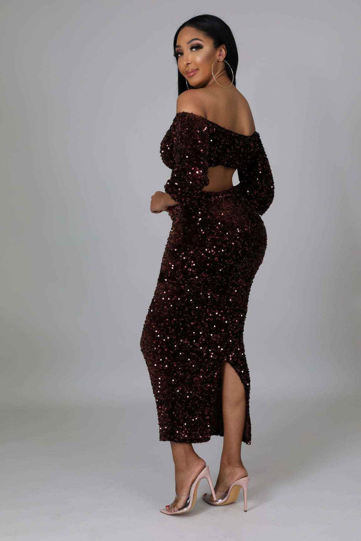 Fasheabe Sequin Matching Crop Top Midi High Waisted Skirt Set - Brown - GiFTiFY
