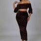 Fasheabe Sequin Matching Crop Top Midi High Waisted Skirt Set - Brown