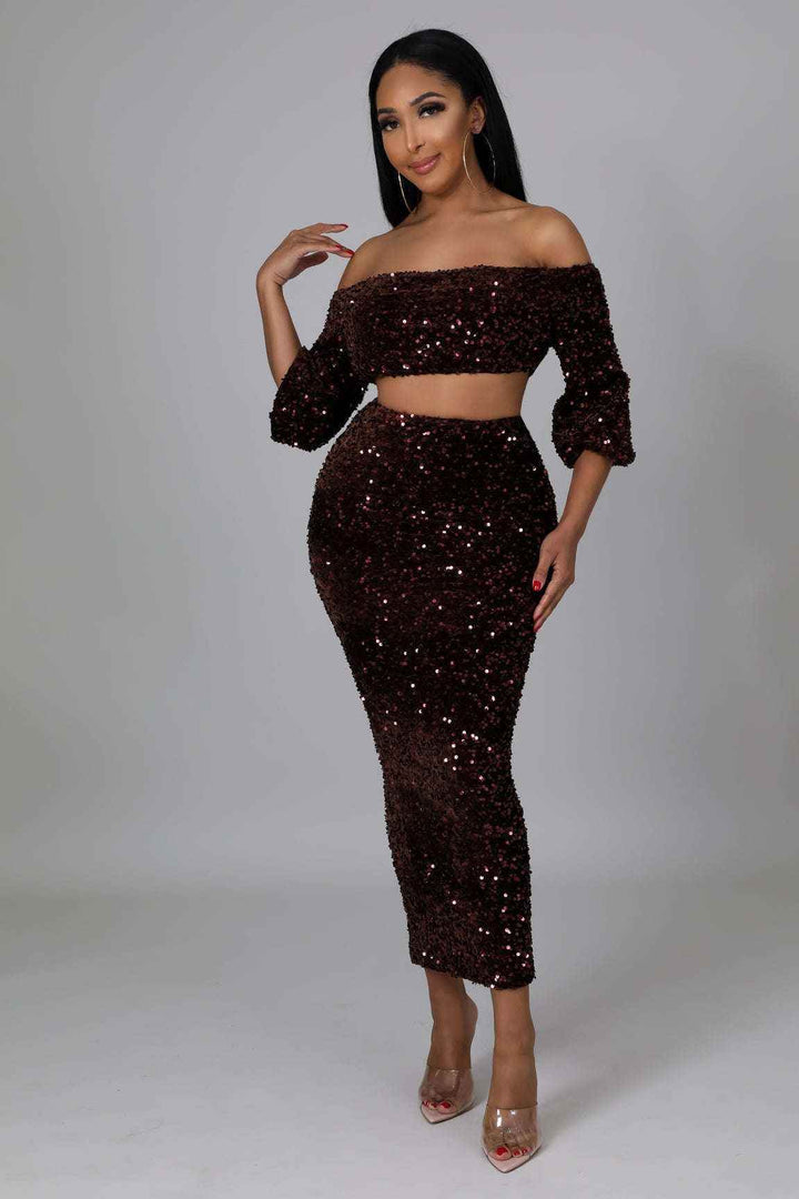 Fasheabe Sequin Matching Crop Top Midi High Waisted Skirt Set - Brown - GiFTiFY