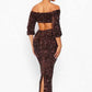 Fasheabe Sequin Matching Crop Top Midi High Waisted Skirt Set - Brown