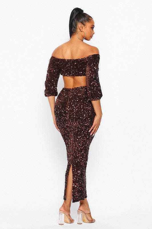 Fasheabe Sequin Matching Crop Top Midi High Waisted Skirt Set - Brown - GiFTiFY
