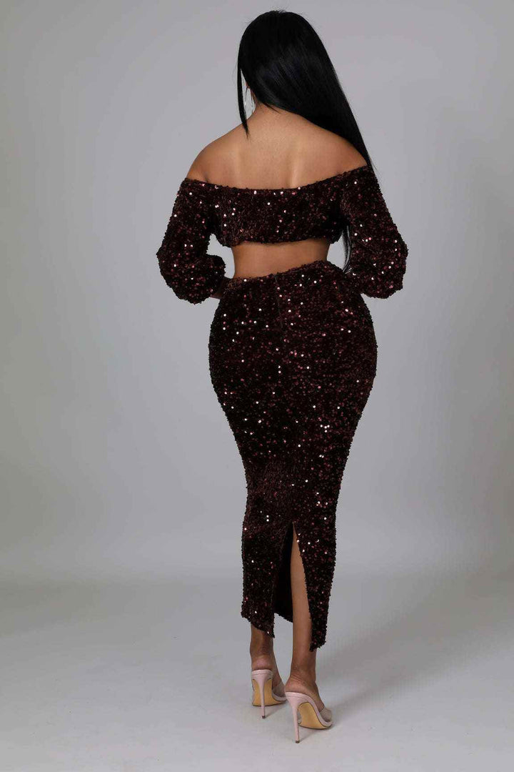 Fasheabe Sequin Matching Crop Top Midi High Waisted Skirt Set - Brown - GiFTiFY