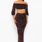 Fasheabe Sequin Matching Crop Top Midi High Waisted Skirt Set - Brown