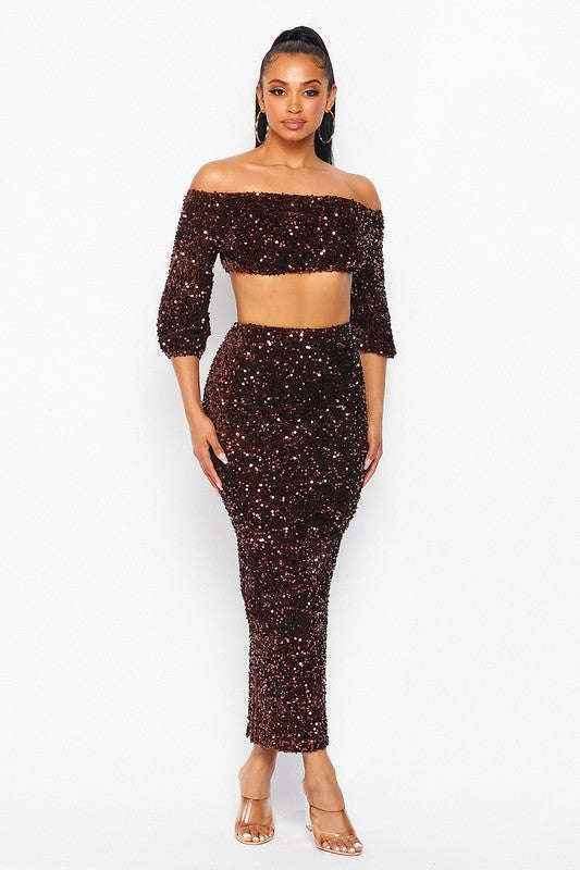 Fasheabe Sequin Matching Crop Top Midi High Waisted Skirt Set - Brown - GiFTiFY