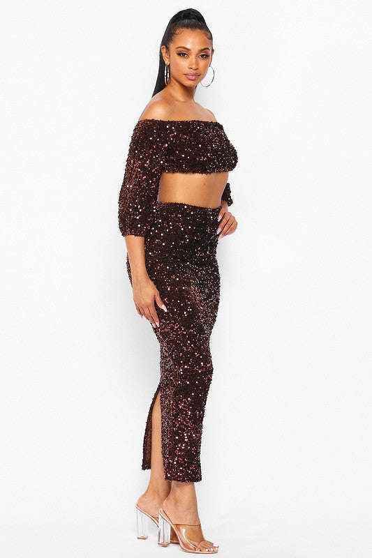 Fasheabe Sequin Matching Crop Top Midi High Waisted Skirt Set - Brown - GiFTiFY