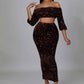 Fasheabe Sequin Matching Crop Top Midi High Waisted Skirt Set - Brown