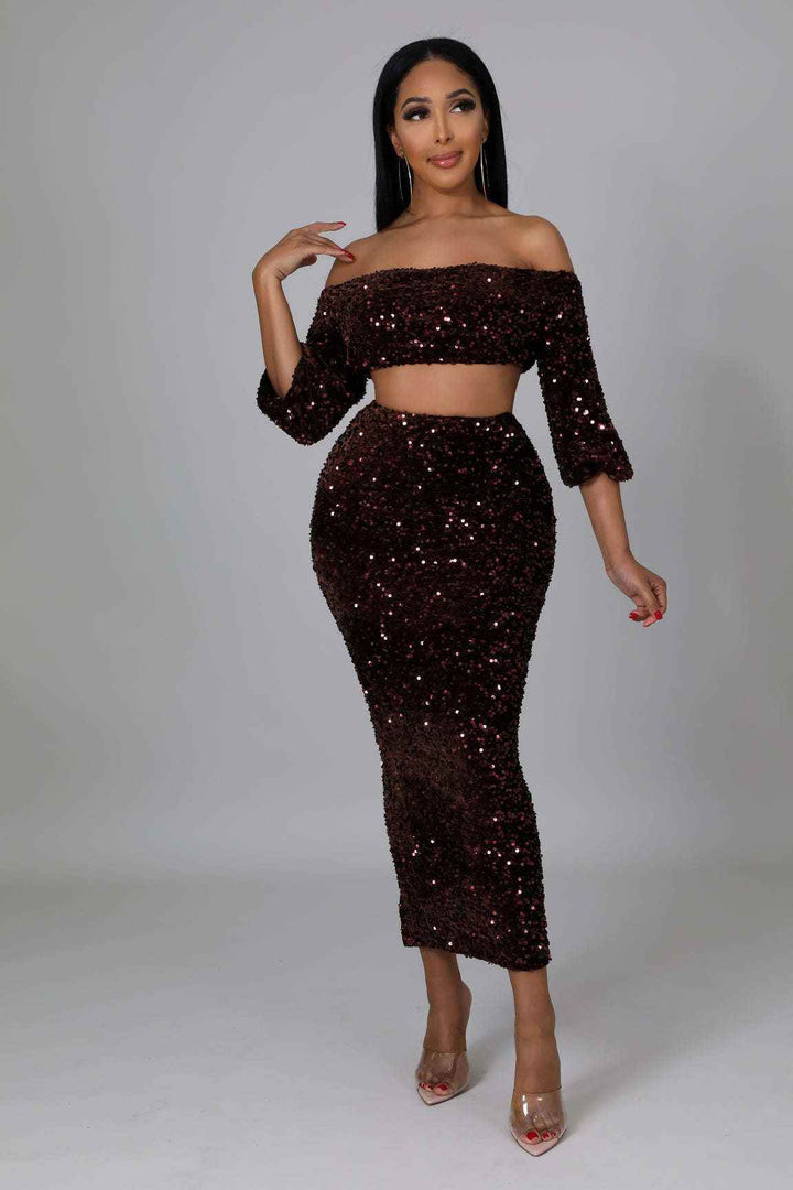 Fasheabe Sequin Matching Crop Top Midi High Waisted Skirt Set - Brown - GiFTiFY