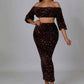 Fasheabe Sequin Matching Crop Top Midi High Waisted Skirt Set - Brown