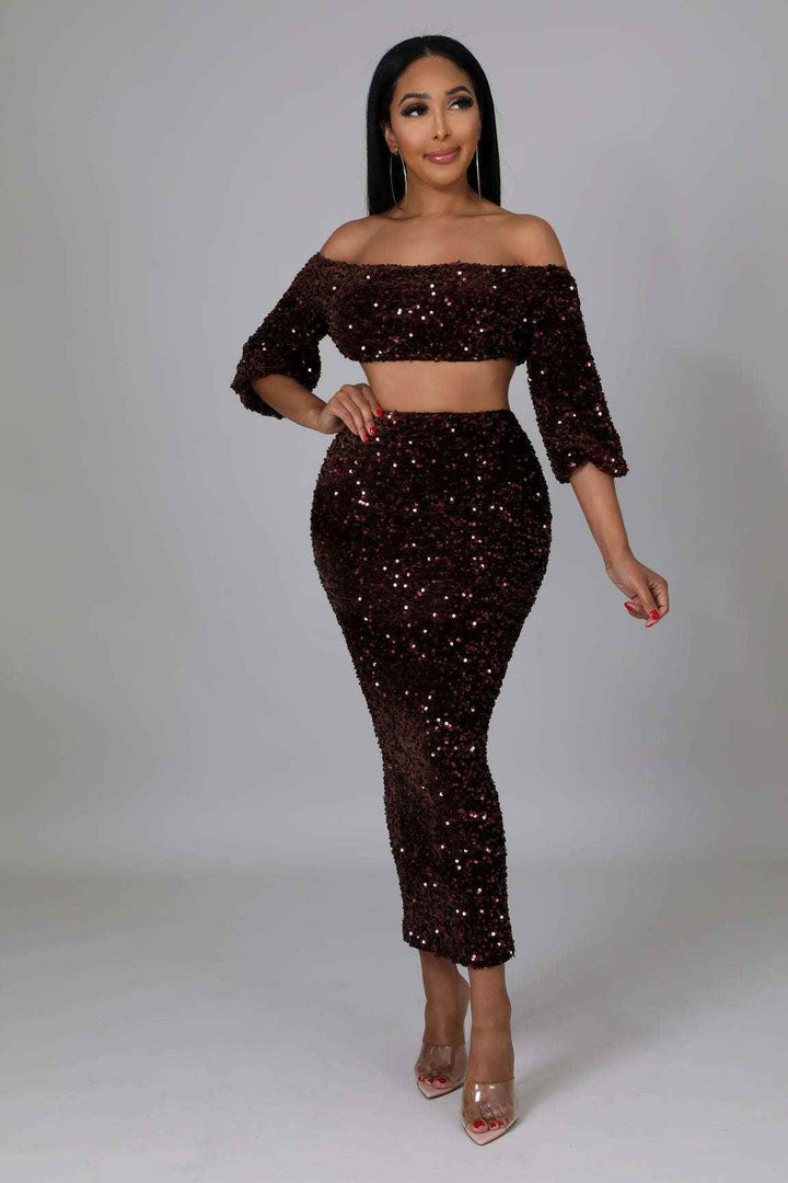 Fasheabe Sequin Matching Crop Top Midi High Waisted Skirt Set - Brown - GiFTiFY