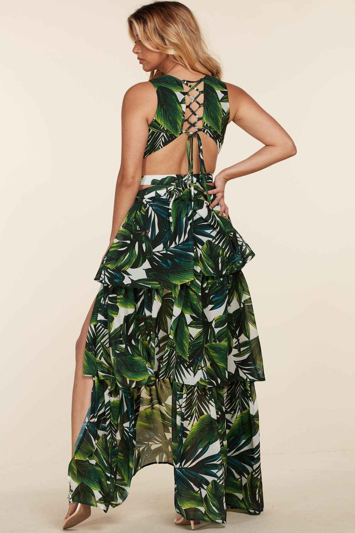 Fasheabe Tropical Leaf Open Front Maxi Dress
