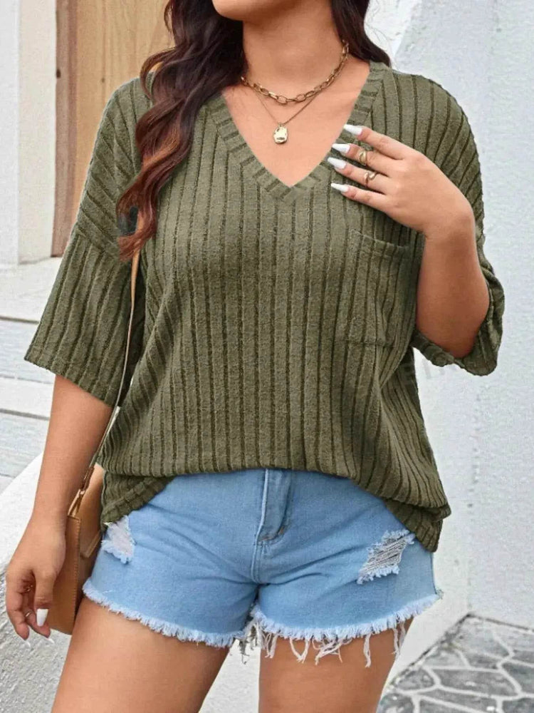 Plus Size V-Neck Ribbed Knit T-Shirt - GiFTiFY