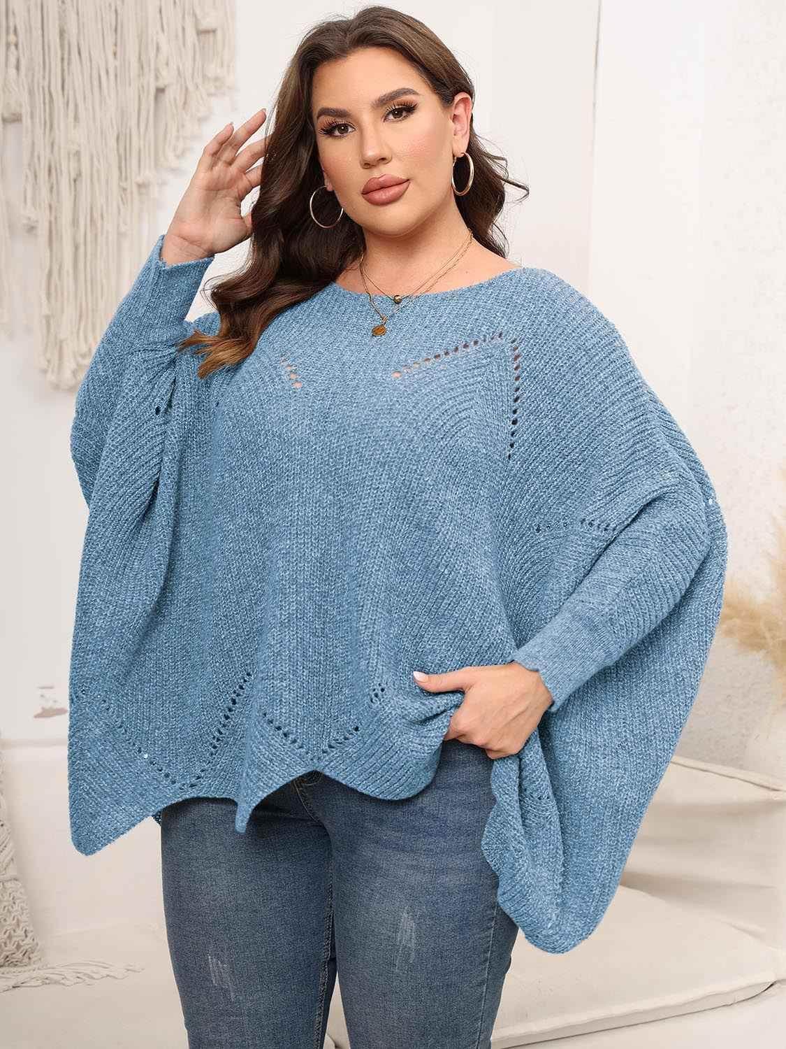 Plus Size Round Neck Batwing Sleeve Sweater - GiFTiFY