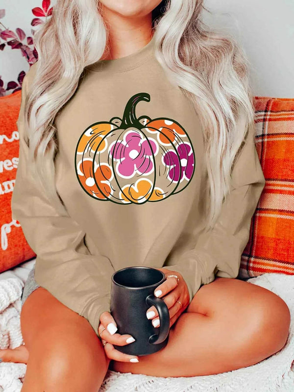 Halloween Floral Pumpkin Graphic Drop Shoulder Sweatshirt - GiFTiFY