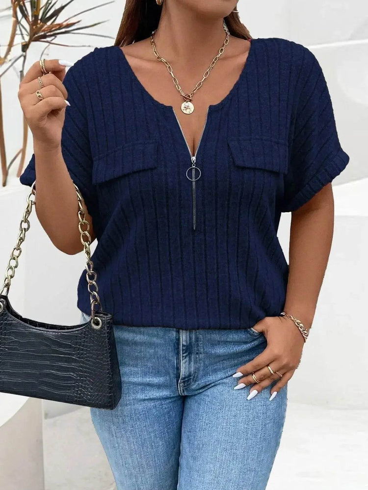 Plus Size Ribbed Half Zip Relaxed Fit T-Shirt - GiFTiFY