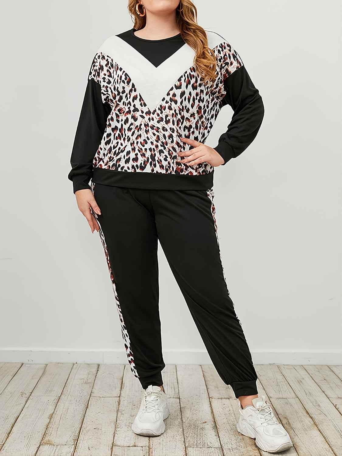 Plus Size Leopard Sweatshirt and Sweatpants Set - GiFTiFY