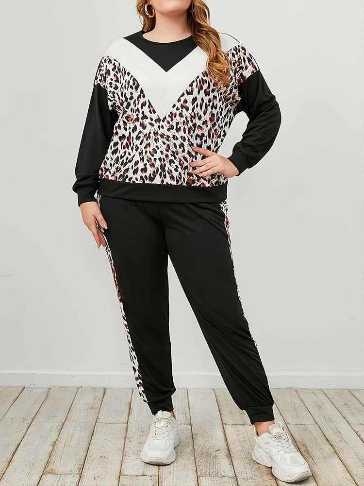 Plus Size Leopard Sweatshirt and Sweatpants Set - GiFTiFY