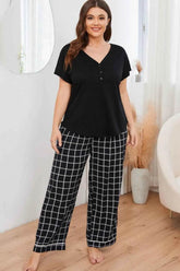 Plus Size V-Neck Top and Plaid Pants Lounge Set - GiFTiFY
