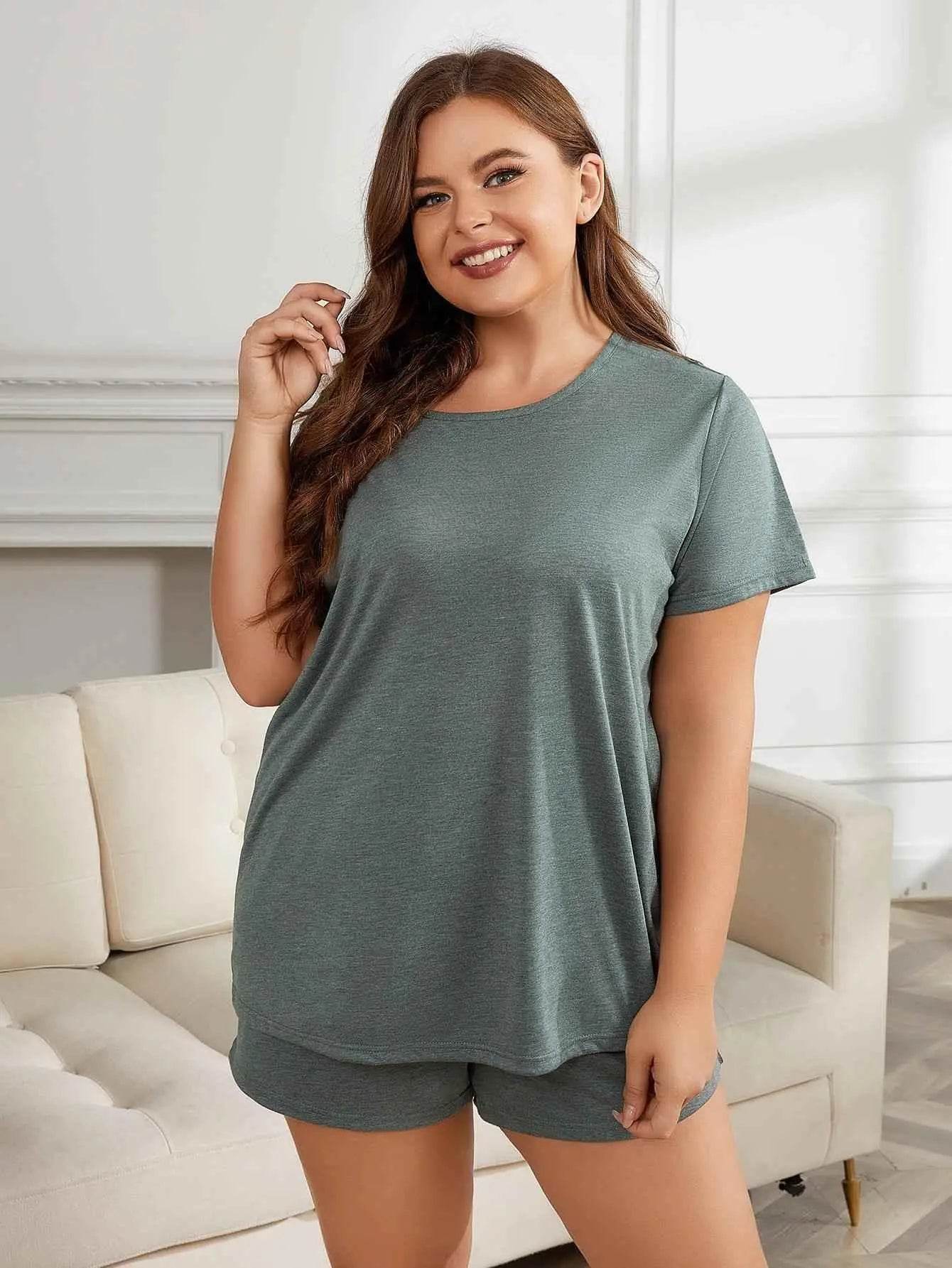 Plus Size Round Neck Short Sleeve Two-Piece Loungewear Set - GiFTiFY