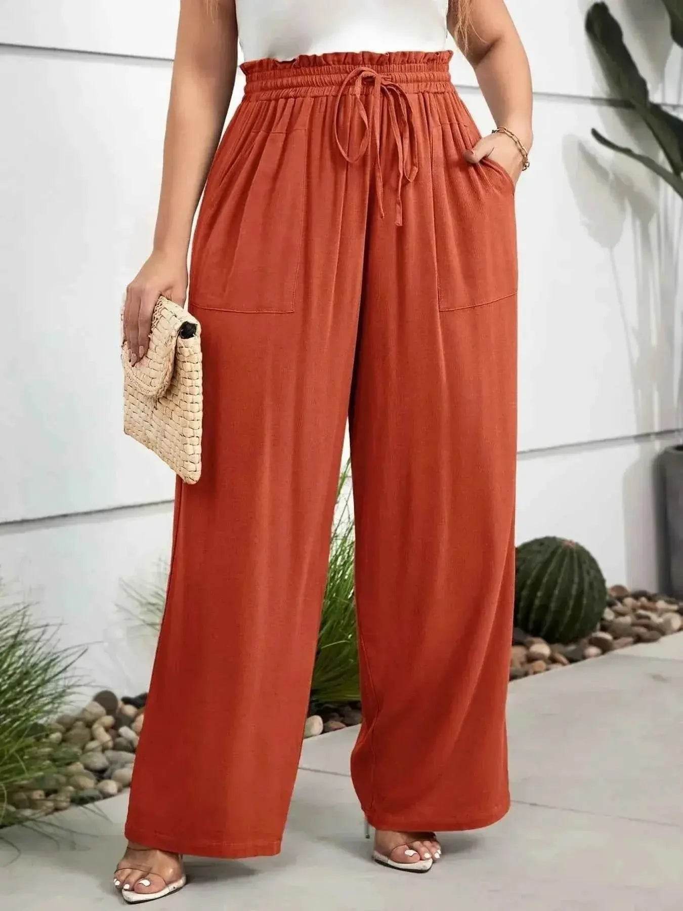 Plus Size High Waist Wide Leg Drawstring Pants - GiFTiFY