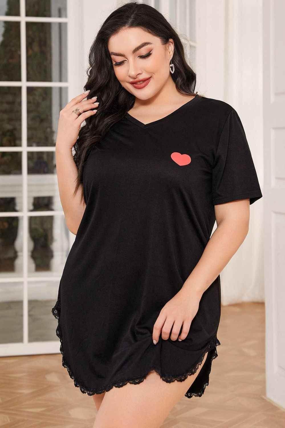 Plus Size Lace Trim V-Neck Short Sleeve Night Dress - GiFTiFY