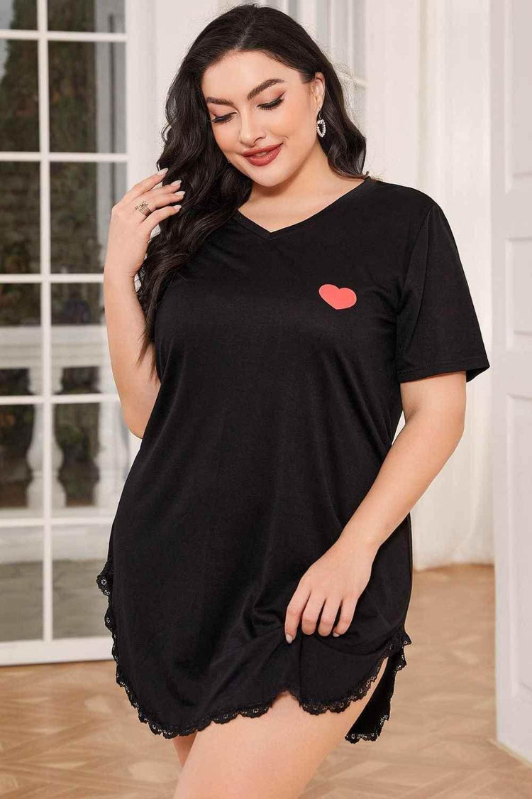Plus Size Lace Trim V-Neck Short Sleeve Night Dress - GiFTiFY