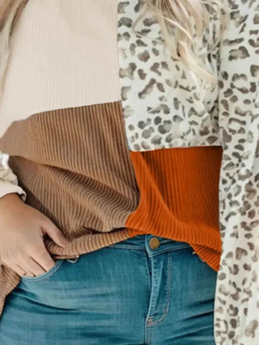 Plus Size Color Block Leopard Round Neck Top - GiFTiFY
