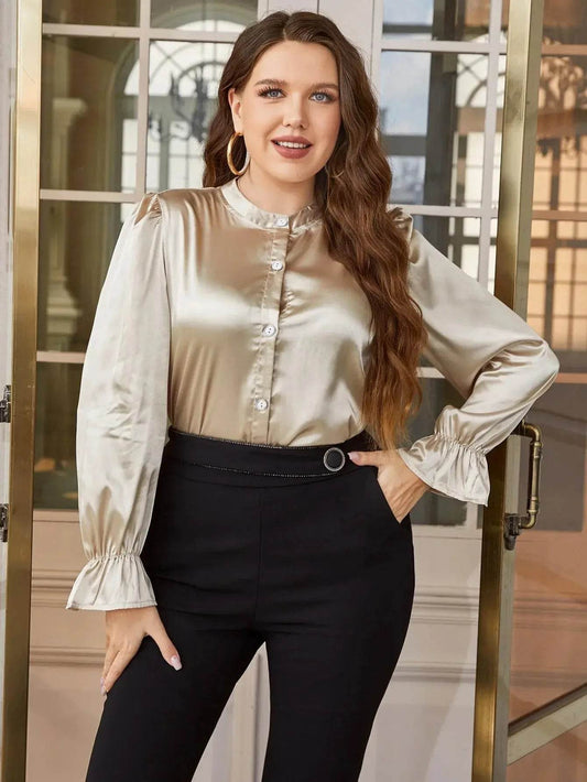Plus Size Flounce Sleeve Band Collar Shirt - GiFTiFY