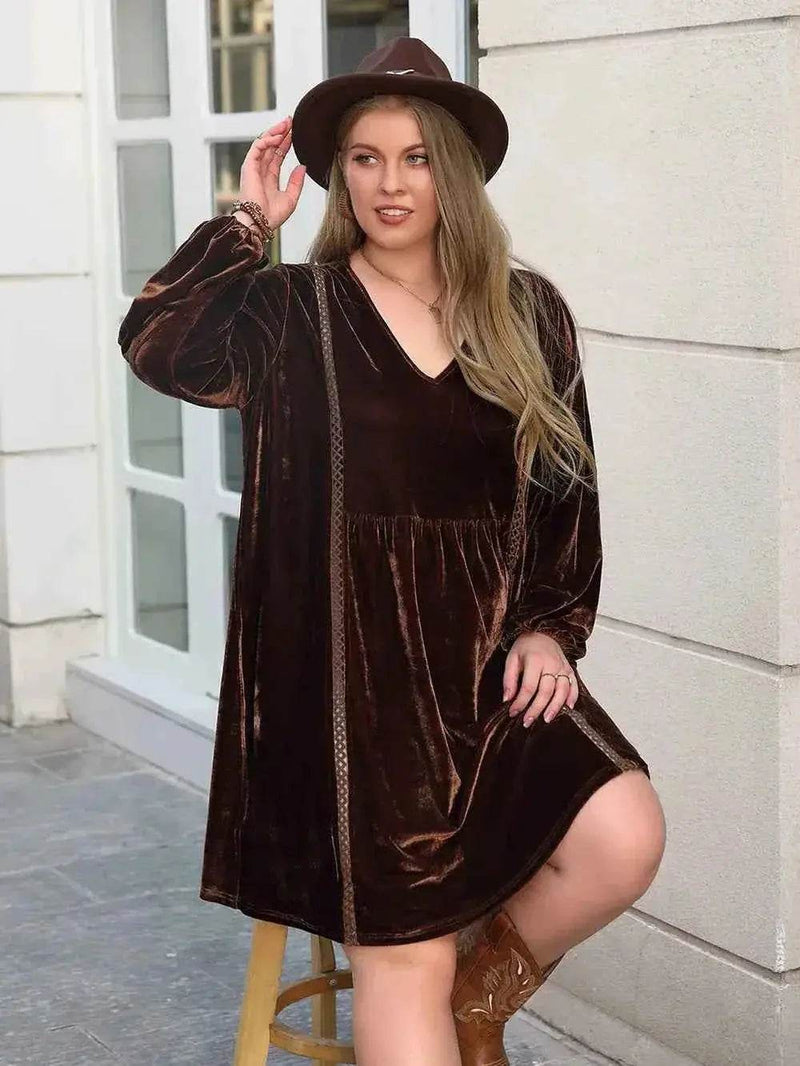 Plus Size V-Neck Balloon Sleeves Dress women Attire by Trendsi