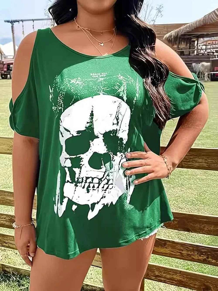 Plus Size Skeleton Graphic Round Neck Cold Shoulder T-Shirt - GiFTiFY