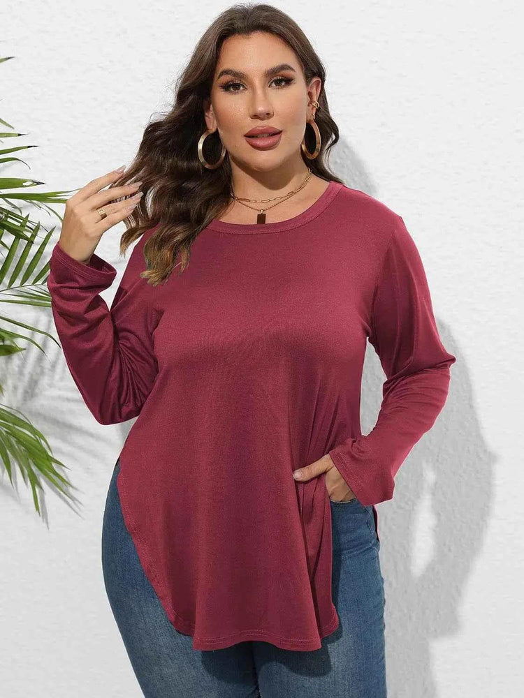 Plus Size Round Neck Long Sleeve Slit T-Shirt - GiFTiFY