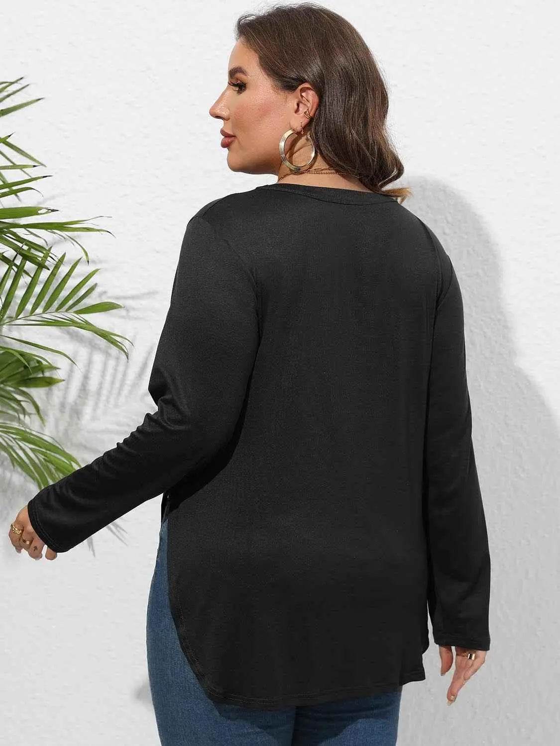 Plus Size Round Neck Long Sleeve Slit T-Shirt - GiFTiFY