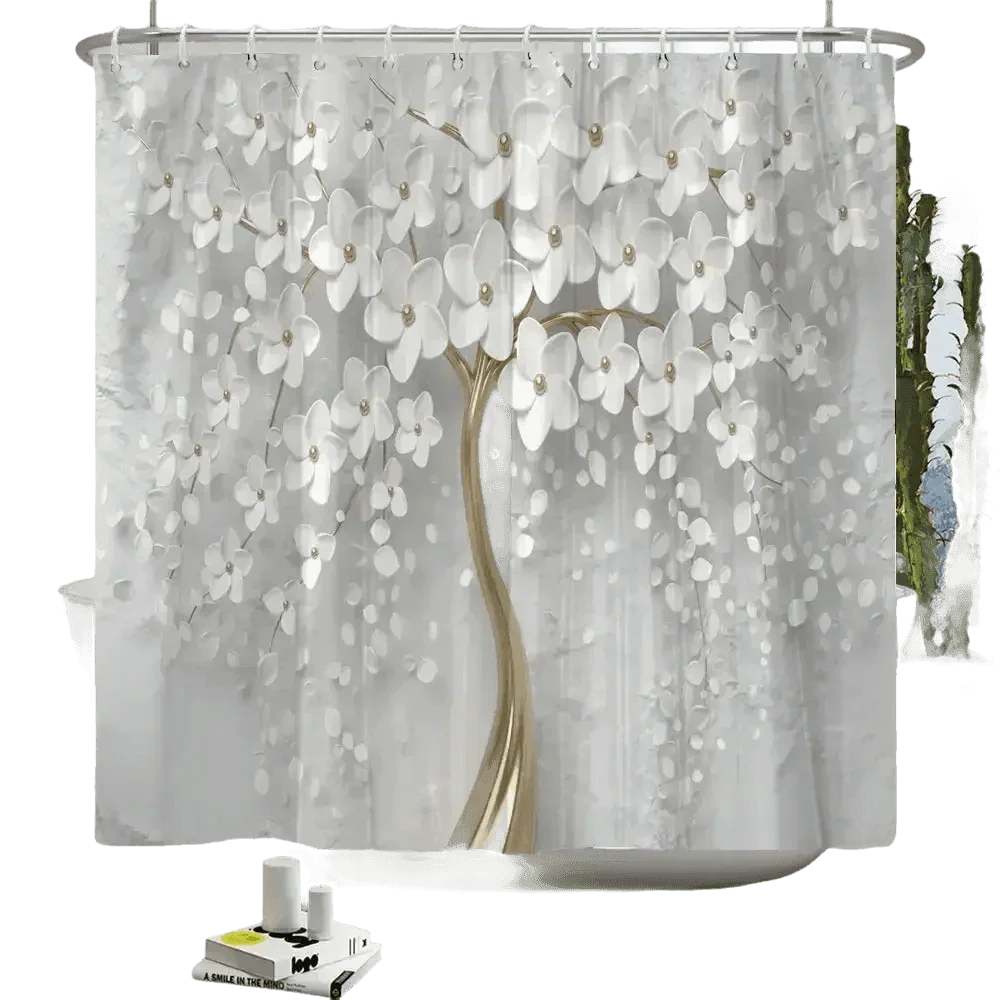 White Flowers Floral Bathroom Set DM6237 180x180cm Style Shower - GiFTiFY